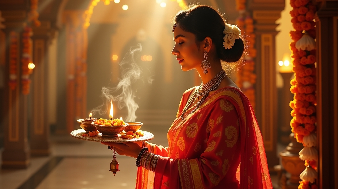 Shakti Pooja Creation: slider image with the woman wear saree pray using our decorated Pooja Thali