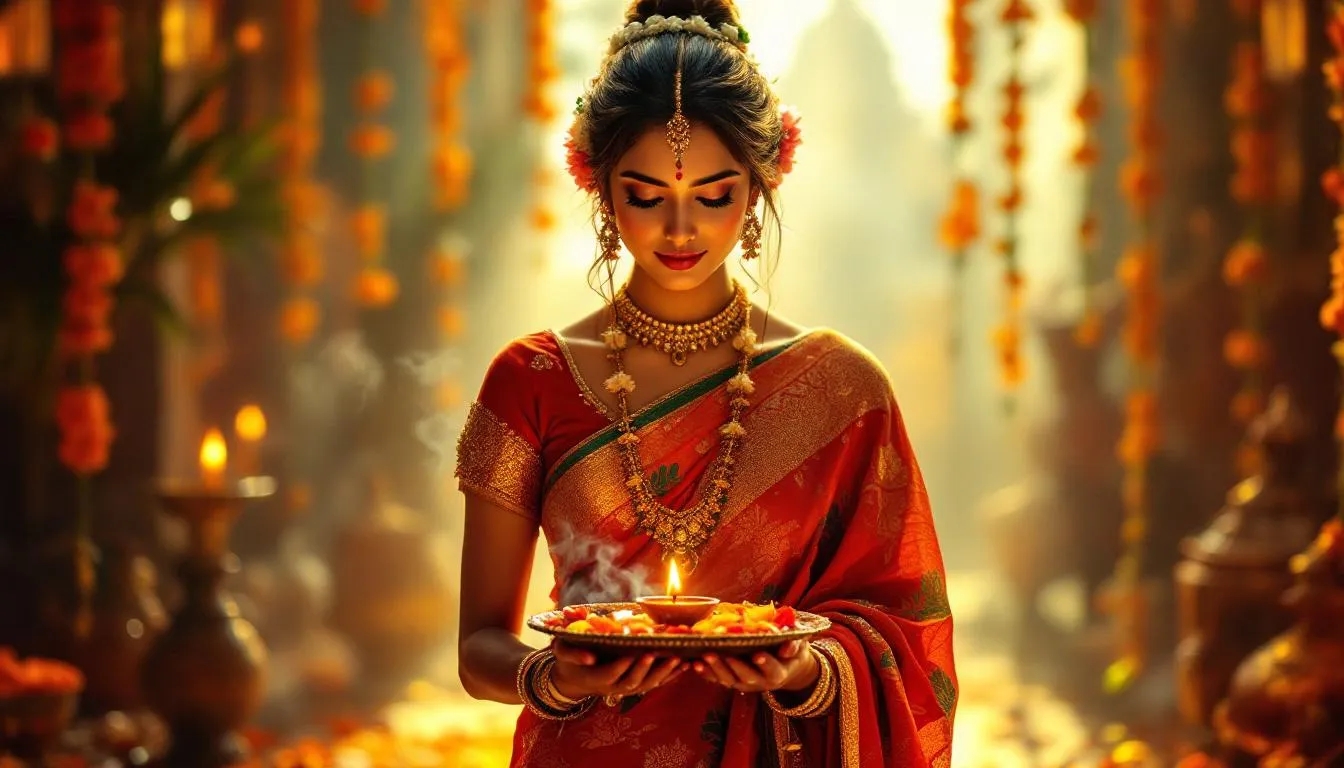 Shakti Pooja Creation: slider image with the woman wear saree pray using our decorated Pooja Thali