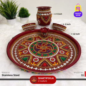 Latest Design Decorative Pooja Thali Set: Handmade Steel Aarti Thali with Beads, Stone Work, Kalash, Diya and Bowls, perfect for festivals like Diwali and Navratri, religious celebrations, and a unique housewarming gift.