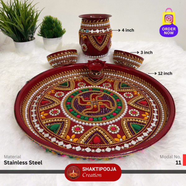 Latest Design Decorative Pooja Thali Set: Handmade Steel Aarti Thali with Beads, Stone Work, Kalash, Diya and Bowls, perfect for festivals like Diwali and Navratri, religious celebrations, and a unique housewarming gift.