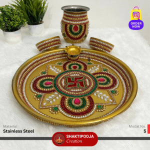 Latest Design Decorative Pooja Thali Set: Handmade Steel Aarti Thali with Beads, Stone Work, Kalash, Diya and Bowls, perfect for festivals like Diwali and Navratri, religious celebrations, and a unique housewarming gift.