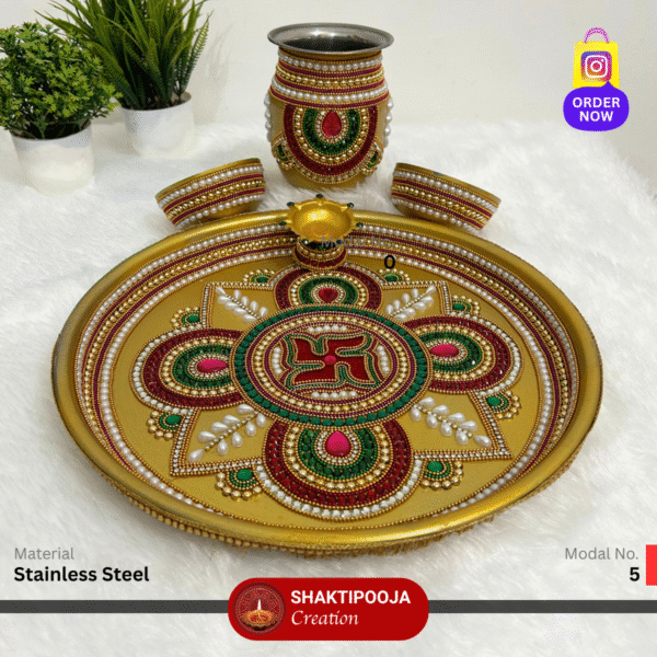 Latest Design Decorative Pooja Thali Set: Handmade Steel Aarti Thali with Beads, Stone Work, Kalash, Diya and Bowls, perfect for festivals like Diwali and Navratri, religious celebrations, and a unique housewarming gift.