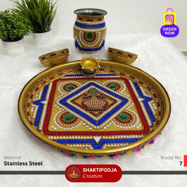 Latest Design Decorative Pooja Thali Set: Handmade Steel Aarti Thali with Beads, Stone Work, Kalash, Diya and Bowls, perfect for festivals like Diwali and Navratri, religious celebrations, and a unique housewarming gift.