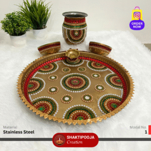 Latest Design Decorative Pooja Thali Set: Handmade Steel Aarti Thali with Beads, Stone Work, Kalash, Diya and Bowls, perfect for festivals like Diwali and Navratri, religious celebrations, and a unique housewarming gift.