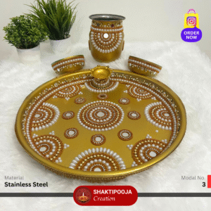 Latest Design Decorative Pooja Thali Set: Handmade Steel Aarti Thali with Beads, Stone Work, Kalash, Diya and Bowls, perfect for festivals like Diwali and Navratri, religious celebrations, and a unique housewarming gift.
