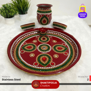 Latest Design Decorative Pooja Thali Set: Handmade Steel Aarti Thali with Beads, Stone Work, Kalash, Diya and Bowls, perfect for festivals like Diwali and Navratri, religious celebrations, and a unique housewarming gift.
