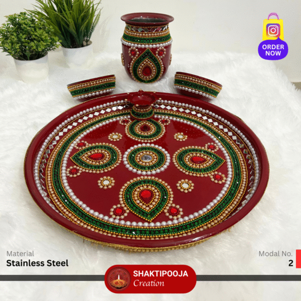 Latest Design Decorative Pooja Thali Set: Handmade Steel Aarti Thali with Beads, Stone Work, Kalash, Diya and Bowls, perfect for festivals like Diwali and Navratri, religious celebrations, and a unique housewarming gift.