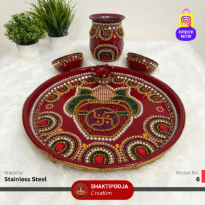 Latest Design Decorative Pooja Thali Set: Handmade Steel Aarti Thali with Beads, Stone Work, Kalash, Diya and Bowls, perfect for festivals like Diwali and Navratri, religious celebrations, and a unique housewarming gift.