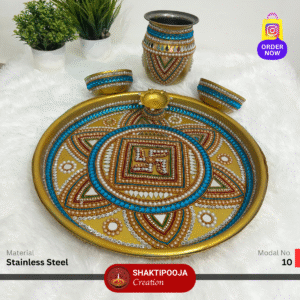 Latest Design Decorative Pooja Thali Set: Handmade Steel Aarti Thali with Beads, Stone Work, Kalash, Diya and Bowls, perfect for festivals like Diwali and Navratri, religious celebrations, and a unique housewarming gift.