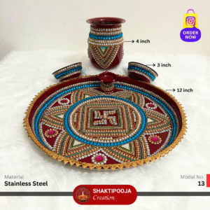 Latest Design Decorative Pooja Thali Set: Handmade Steel Aarti Thali with Beads, Stone Work, Kalash, Diya and Bowls, perfect for festivals like Diwali and Navratri, religious celebrations, and a unique housewarming gift.