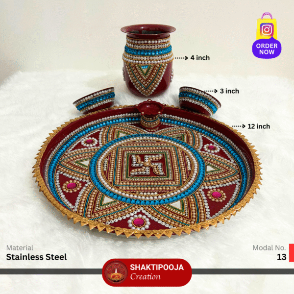 Latest Design Decorative Pooja Thali Set: Handmade Steel Aarti Thali with Beads, Stone Work, Kalash, Diya and Bowls, perfect for festivals like Diwali and Navratri, religious celebrations, and a unique housewarming gift.