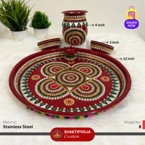 Latest Design Decorative Pooja Thali Set: Handmade Steel Aarti Thali with Beads, Stone Work, Kalash, Diya and Bowls, perfect for festivals like Diwali and Navratri, religious celebrations, and a unique housewarming gift.