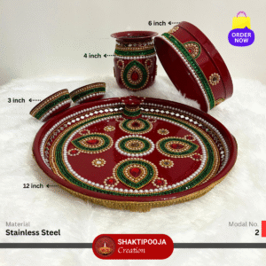 Latest Design Decorative Karwa chauth Pooja Thali Set: Karwa chauth Handmade Steel Aarti Thali with Beads, Stone Work, Kalash, Diya and Bowls, perfect for festivals like Karwa chauth and Puja thali for Diwali and Navratri, religious celebrations, and a unique housewarming gift.