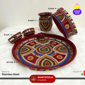 Latest Design Decorative Karwa chauth Pooja Thali Set: Karwa chauth Handmade Steel Aarti Thali with Beads, Stone Work, Kalash, Diya and Bowls, perfect for festivals like Karwa chauth and Puja thali for Diwali and Navratri, religious celebrations, and a unique housewarming gift.