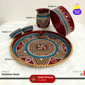Latest Design Decorative Karwa chauth Pooja Thali Set: Karwa chauth Handmade Steel Aarti Thali with Beads, Stone Work, Kalash, Diya and Bowls, perfect for festivals like Karwa chauth and Puja thali for Diwali and Navratri, religious celebrations, and a unique housewarming gift.