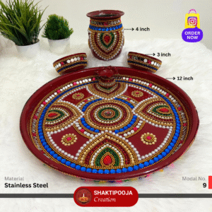 Latest Design Decorative Pooja Thali Set: Handmade Steel Aarti Thali with Beads, Stone Work, Kalash, Diya and Bowls, perfect for festivals like Diwali and Navratri, religious celebrations, and a unique housewarming gift.