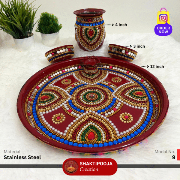 Latest Design Decorative Pooja Thali Set: Handmade Steel Aarti Thali with Beads, Stone Work, Kalash, Diya and Bowls, perfect for festivals like Diwali and Navratri, religious celebrations, and a unique housewarming gift.